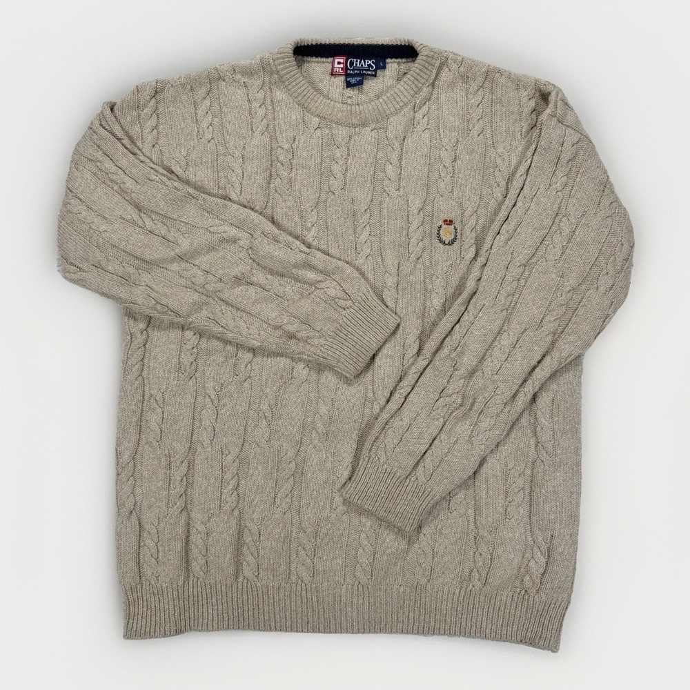 VTG 90s Chaps Ralph Lauren Cable Knit Sweater Mens L USA Old Money Preppy Luxury